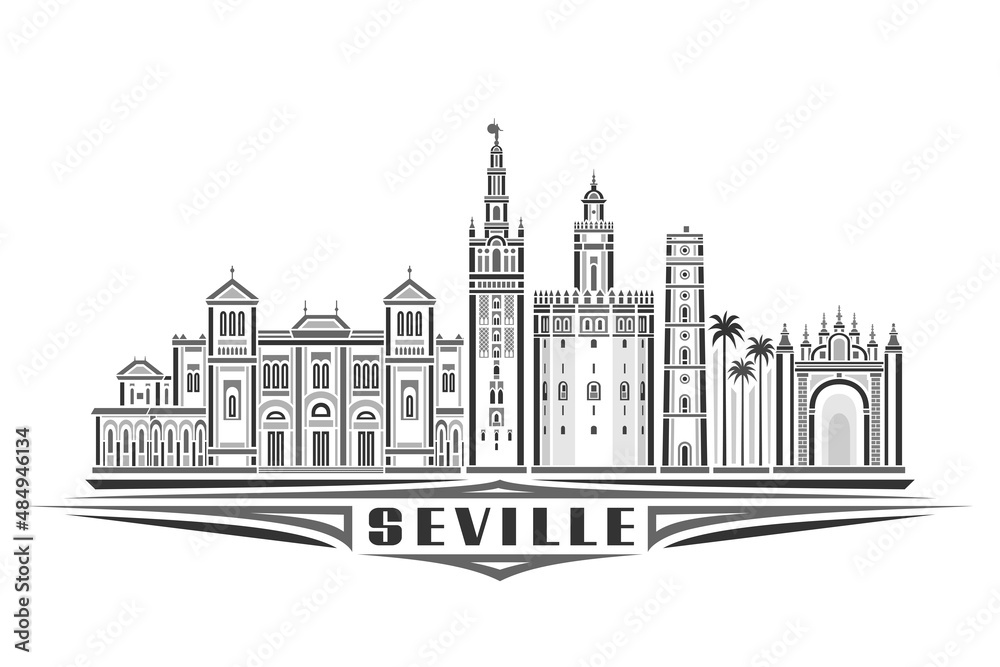 Obraz premium Vector illustration of Seville, monochrome horizontal poster with linear design famous seville city scape, urban line art concept with decorative lettering for black word seville on white background