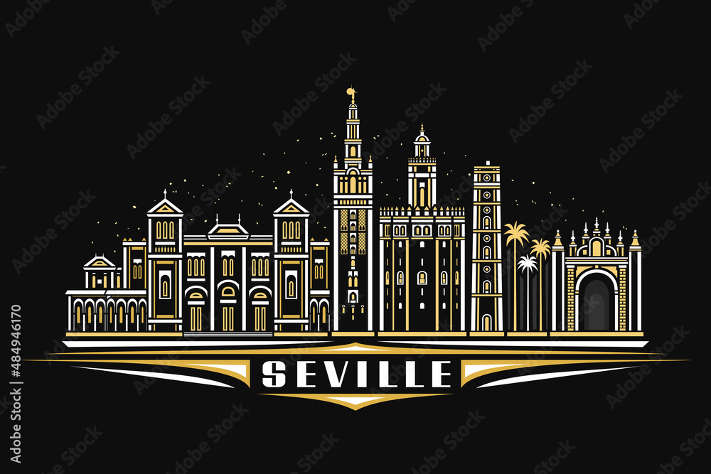 Fototapeta premium Vector illustration of Seville, dark horizontal poster with linear design famous seville city scape on nighttime sky background, urban line art concept with decorative lettering for word seville