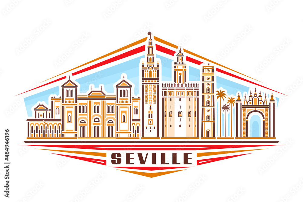 Naklejka premium Vector illustration of Seville, horizontal logo with linear design famous seville city scape on day sky background, european urban line art concept with decorative lettering for brown word seville