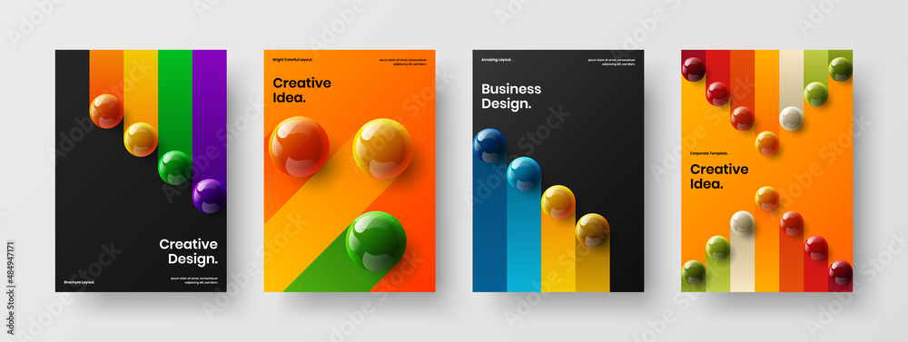 Colorful corporate brochure design vector template set. Clean realistic balls leaflet concept collection.