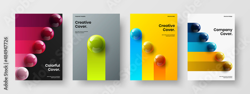 Creative journal cover design vector template set. Trendy realistic spheres leaflet illustration composition.