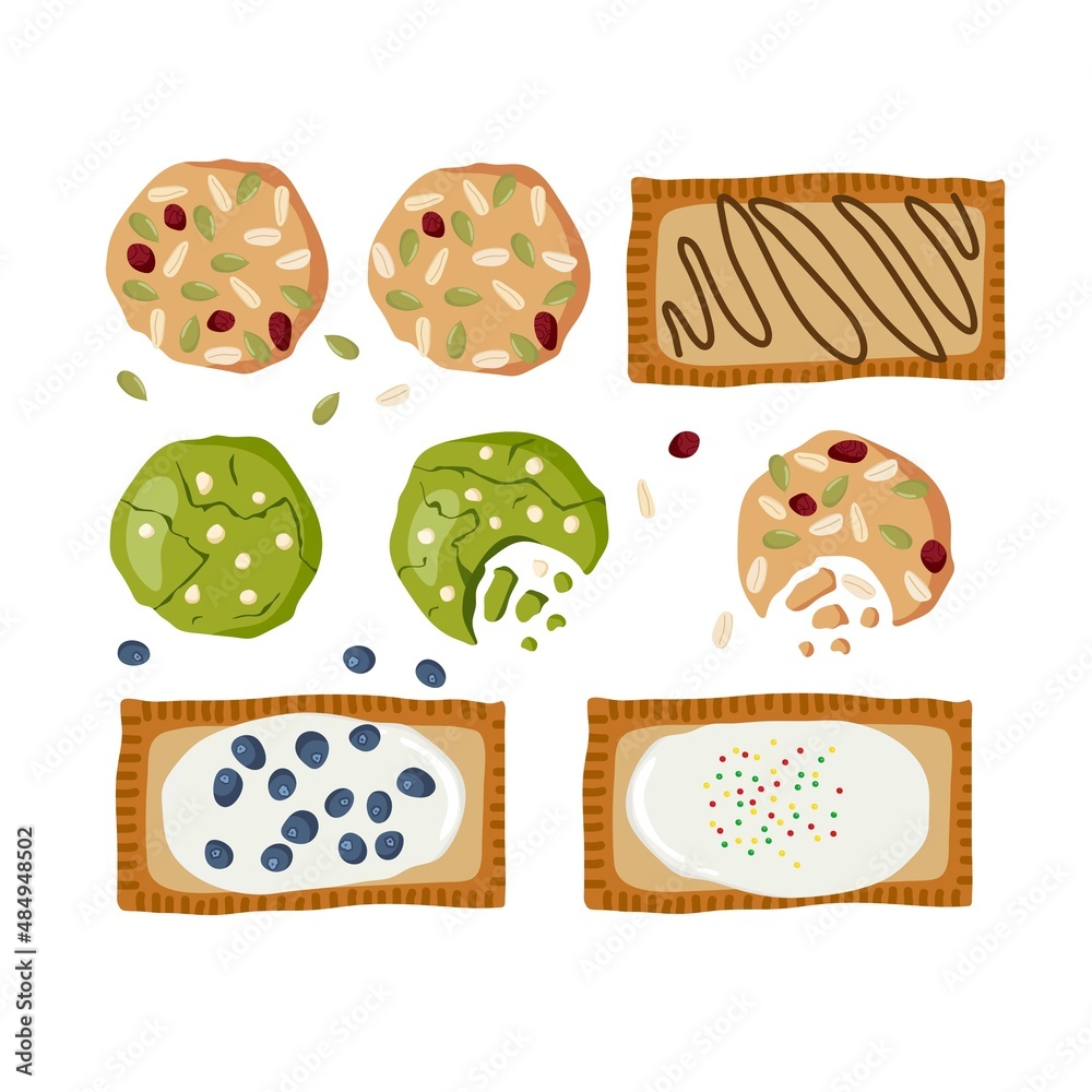 Homemade snacks. Matcha coookies, oat coookies with cranberry, Pop Tarts. Homemade vegan baked pastries. Colored flat cartoon vector isolated for menu, cafe, restaurant, cooking class, homemade recipe Homemade snacks. Matcha coookies, oat coookies with cranberry, Pop Tarts. Homemade vegan baked pastries. Colored flat cartoon vector isolated for menu, cafe, restaurant, cooking class, homemade recipe