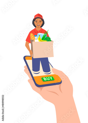 Express delivery concept. Customer makes an order online using smartphone app and gets it fast. Friendly courier gives a paper bag with groceries to buyer. Online shopping. Flat vector illustration
