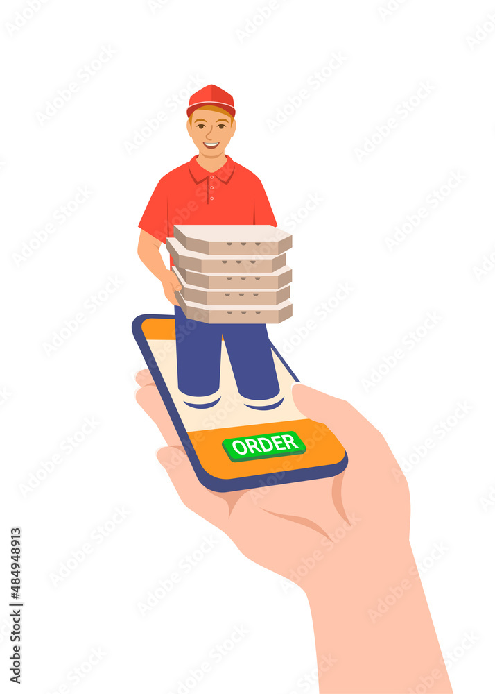 Pizza express delivery concept. Customer makes an order online using smartphone app and gets it fast. Young friendly delivery boy gives several pizza boxes to the client. Flat vector illustration Pizza express delivery concept. Customer makes an order online using smartphone app and gets it fast. Young friendly delivery boy gives several pizza boxes to the client. Flat vector illustration