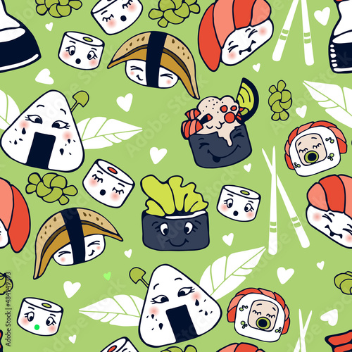 Cute kawaii Sushi, rolls, nigiri. Vector set. Japanese food with emotions, cartoon style. Fashion illustration. All elements are isolated. Colored vector seamless pattern. Blue background