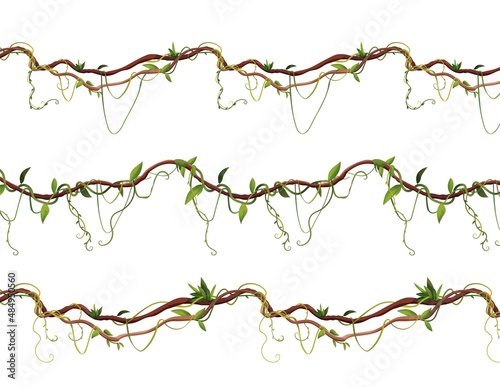 Seamless liana or vine pattern for 2d games. Jungle tropical climbing plants. Cartoon vector illustration.