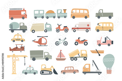 Set of cute vehicles for kids design. Hand drawn vector illustration
