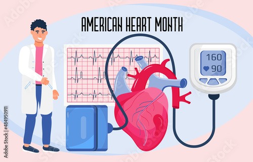 American Heart Month concept vector. Heart disease concept with cardiologist, EKG, cardiogram. Medical template of hypotension