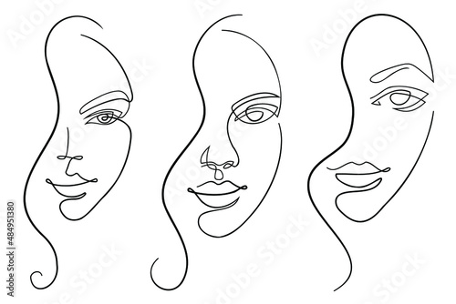 Outline woman face illustration set. Collection of line art  female portraits. Trendy drown sketch icon with face line art. Abstract continuous single linear vector illustration.
