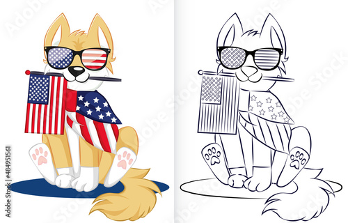 coloring book page template with USA independence day concept. Dog Looking Cute in Stars and Stripes Flag Sunglasses.