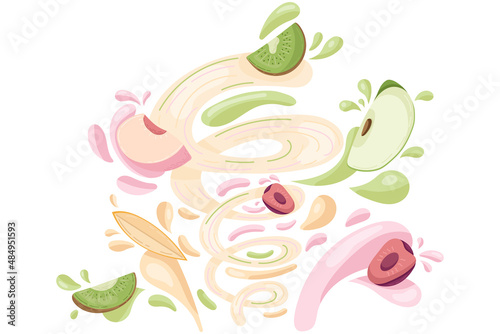 Making fruit fresh smoothie, preparation healthy organic food. Kiwi, peach, cherry, apple and mango juice in a flat cartoon style. Vector illustration. 