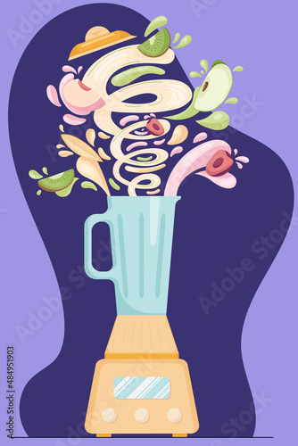 Making fruit fresh smoothie in electric blender, preparation healthy organic food. Kiwi, peach, cherry, apple and mango juice in a flat cartoon style. Vector illustration