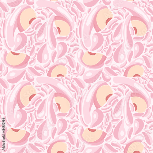 Fruit seamless pattern for textile products, peach pieces with juice splashes, peach smoothie in a flat style. Vector illustration