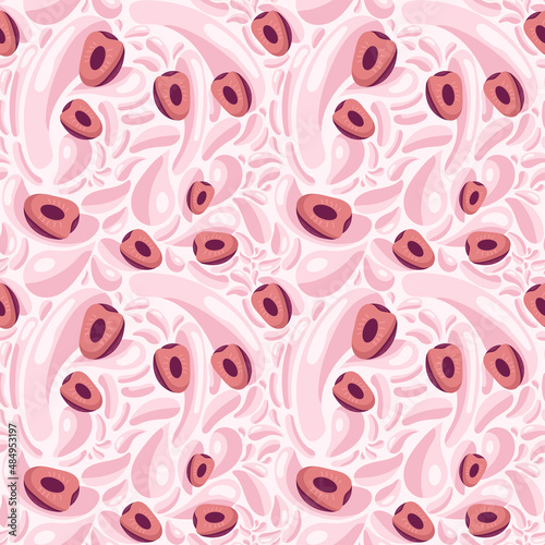 Fruit seamless pattern for textile products, cherry pieces with juice splashes, cherry smoothie in a flat style. Vector illustration