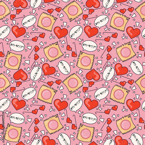 Red hearts, heart glasses, message and wrappers on the pink background in cartoon style of 70s . Abstract seamless pattern. illustration. Vector illustration. 