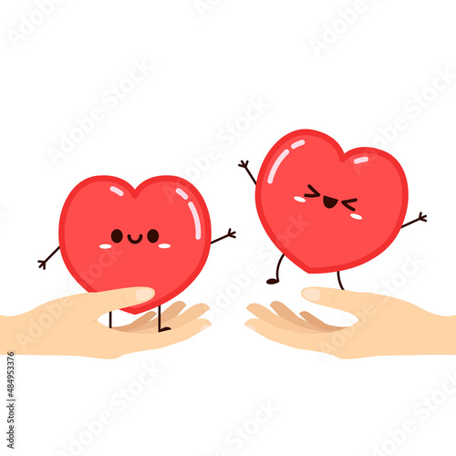 Heart character design. Heart on hand. Vector set Heart character on white background. Romantic flat style Valentine's Day illustrations to express feelings of love.