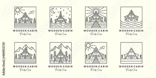wooden cabin house minimalist line art set emblem logo template vector design