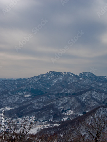 Snowy Mountainscape from the top of Mount Sapporo in Hokkaido  Japan 