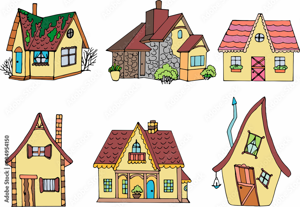 Large set of cartoon house print, vector house flat icons 