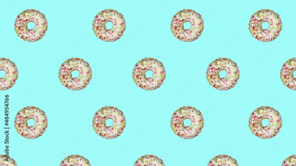 Tasty donuts rotating and moving down at cyan background. Abstract colorful animation. Donuts rotating and falling down - seamless loop.