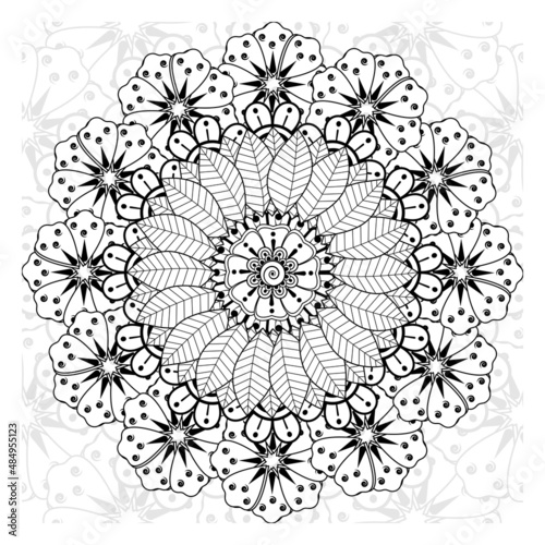 Circular pattern in form of mandala for Henna, Mehndi, tattoo, decoration. Decorative ornament in ethnic oriental style. Coloring book page.