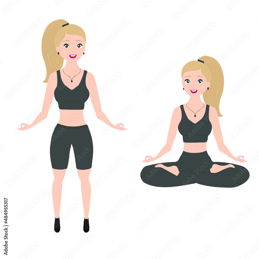 A slender girl in grey tracksuit practices yoga. Lotus position. Vector illustration of yoga girl in two positions. Sport lifestyle A slender girl in grey tracksuit practices yoga. Lotus position. Vector illustration of yoga girl in two positions. Sport lifestyle