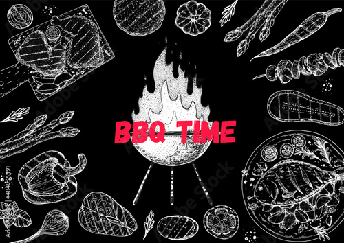 Bbq grill food sketch. Menu design template. Grilled meat and vegetables frame. Vector illustration. Engraved design. Hand drawn illustration.