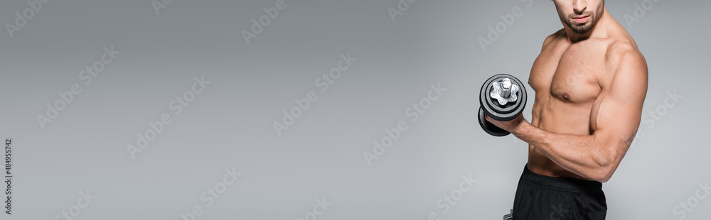 partial view of strong bearded man training with dumbbell on grey, banner. partial view of strong bearded man training with dumbbell on grey, banner.