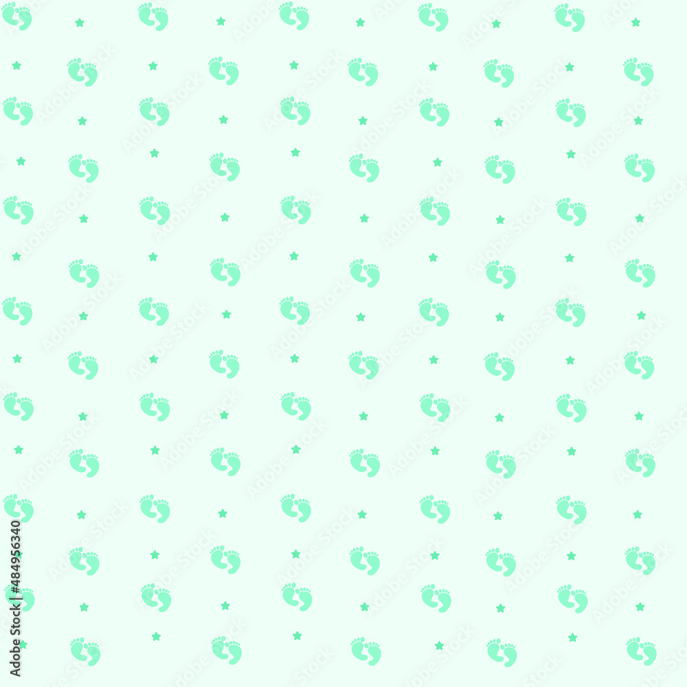 Seamless pattern of baby's steps and little blue stars on a light blue background. New born. Vector illustration