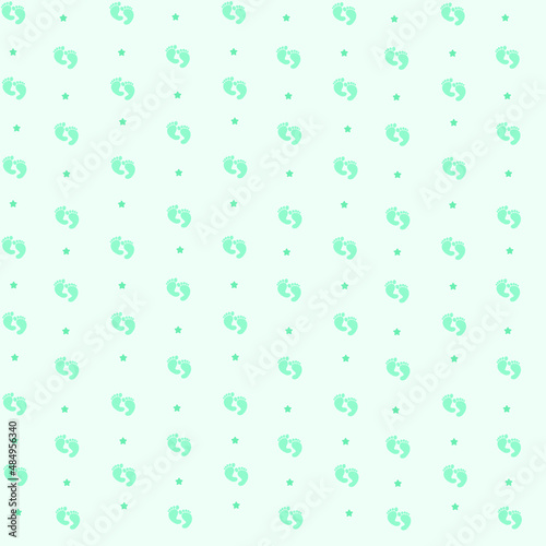 Seamless pattern of baby's steps and little blue stars on a light blue background. New born. Vector illustration