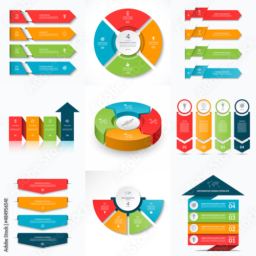 Set of infographic templates with 4 steps, options. Arrows, circle, isometric cycle diagram, timeline banner, semi circle chart.