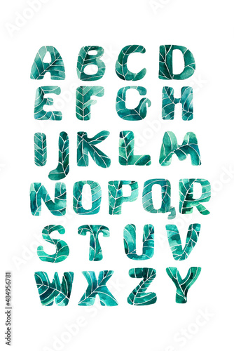 Alphabet letters .stylization under green leaves.Watercolor