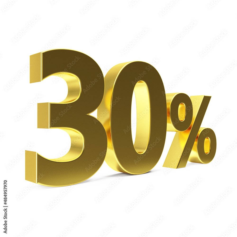 Golden 30 percent symbol. Golden thirty percent on a white background. 3D percentage sign. Discount symbol. 3D render illustration. Golden 30 percent symbol. Golden thirty percent on a white background. 3D percentage sign. Discount symbol. 3D render illustration.