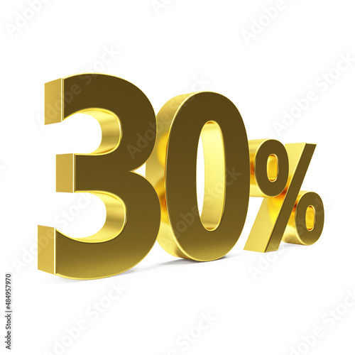 Golden 30 percent symbol. Golden thirty percent on a white background. 3D percentage sign. Discount symbol. 3D render illustration.