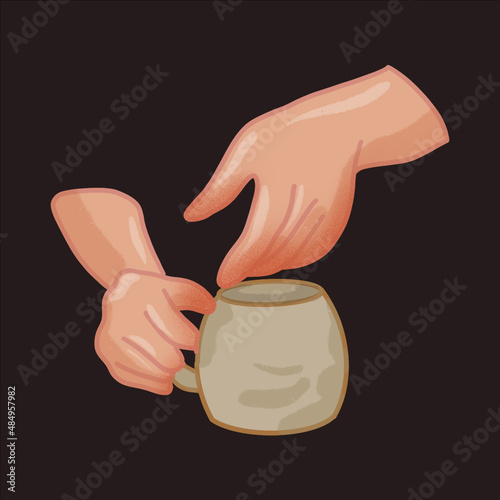 Pottery hands with ceramics on the dark background