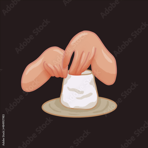 Woman's hands, pottery wheel. Clay