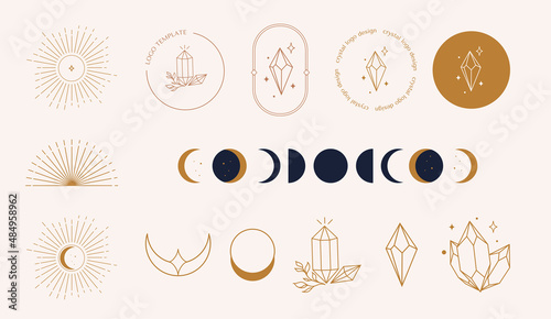 A set of female hand logos Crystal in a minimal linear style. Mystical logo template of sun crystals and moon photo