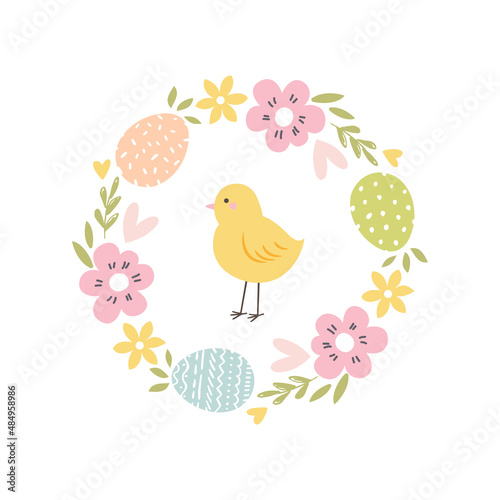 Happy easter card in pastel spring colors. Easter chick. Happy Easter wreath card.