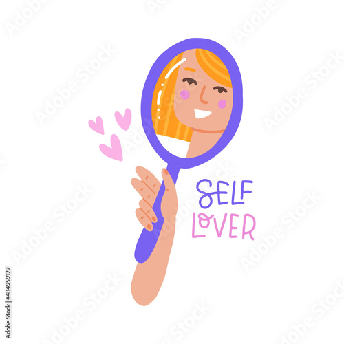 Hand holding mirror with smiling female face reflection. Concept of self-acceptance and self-love. Flat hand drawn vector illustration of mental health. Self lover lettering text.
