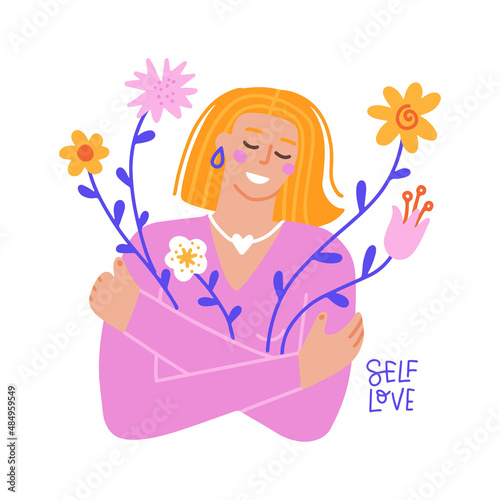 A blond girl hugs herself by the shoulders and holds wild flowers. Lettering quote - self love. Body positive valentine's day Postcard on white background. Flat hand drawn vector illustration photo