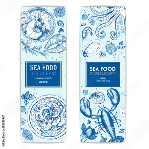 Vintage seafood banners set. Vector illustration hand drawn with ink. Cooked seafood dish on the table top view. Engraved style image.