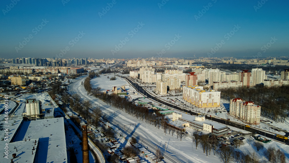 City block. Modern multi-storey buildings. Winter cityscape. Aerial photography.