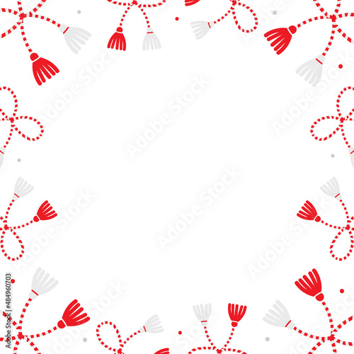 Cute vector cartoon style card template, frame, border with martisor talisman, gift, traditional accessory for holiday of early spring in Romania and Moldova.