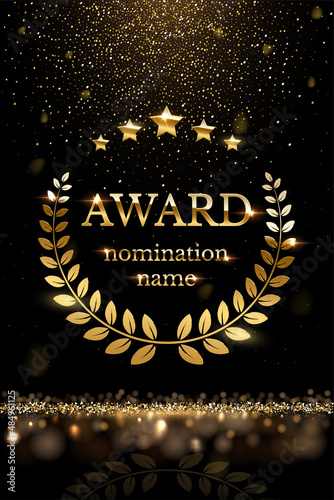 Winner nomination award with gold laurel, luxury reward, certificate poster with glitter