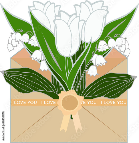 Envelope with flowers, declaration of love. Vector illustration.
