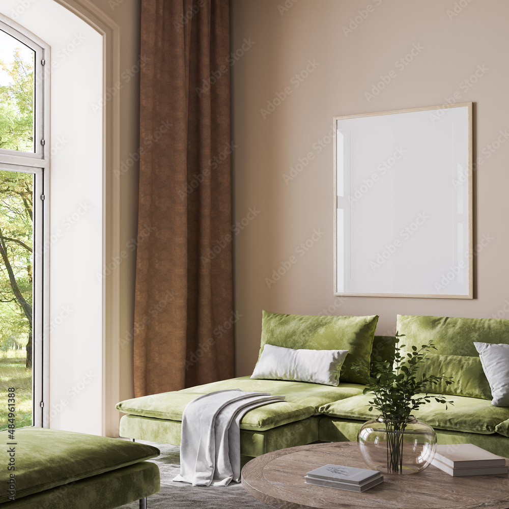 Poster frame mock up in bright home interior, gallery wall mockup, 3d render Poster frame mock up in bright home interior, gallery wall mockup, 3d render