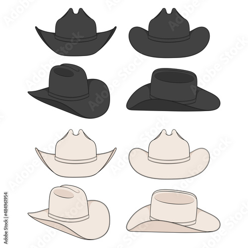 Set of color illustrations with cowboy hat. Isolated vector objects on a white background.
