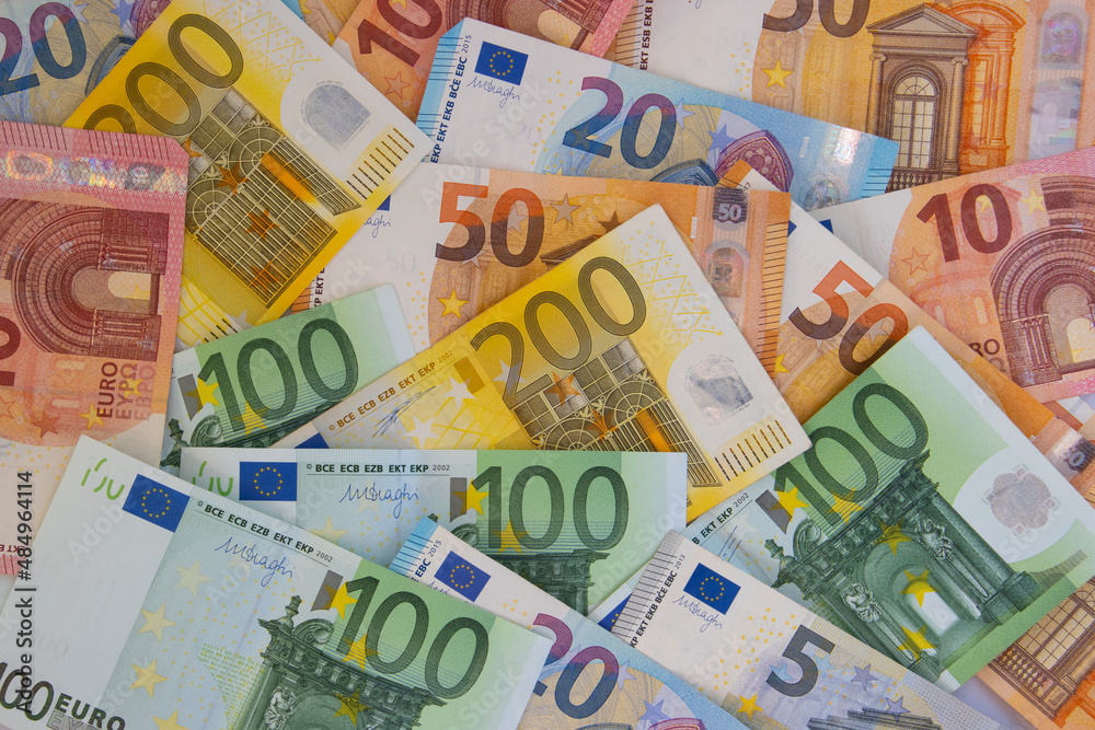 Flat lay of euro bills banknote for financial background Flat lay of euro bills banknote for financial background