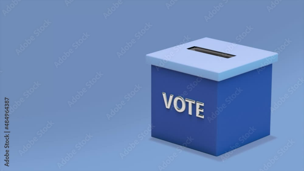 Loop video. Paper flying in blue ballot box on blue background. A ballot in a vote box. 3d rendering. Concept: politics, choice, referendum, democratic, republican, ideas, online