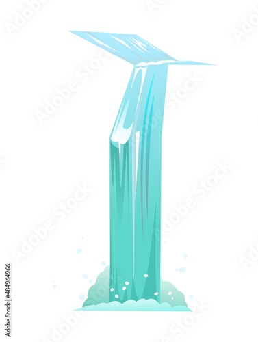 Streaming waterfall water. Long cascade flow downward. Fast stream with splashes. Object isolated on white background. It flows down from height, bumping into obstacle. Vector